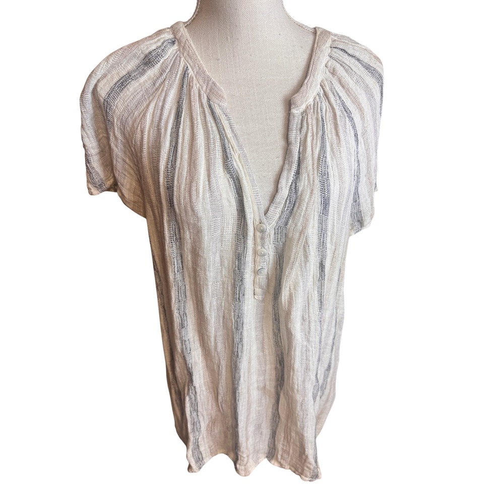 Heroes & Dreamers Women Large Linen Blend Striped Henley Tunic Top Neutral Boho